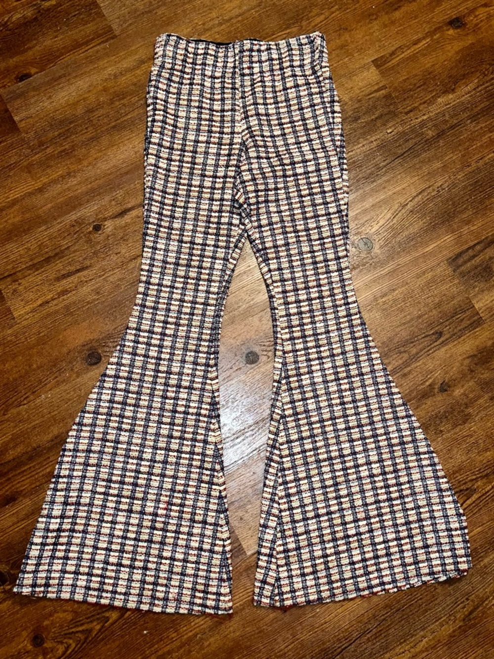 Judith March Retro 70s Tweed Navy Cream Red Plaid Knit Flare Bell Bottoms Size S - Picture 5 of 11